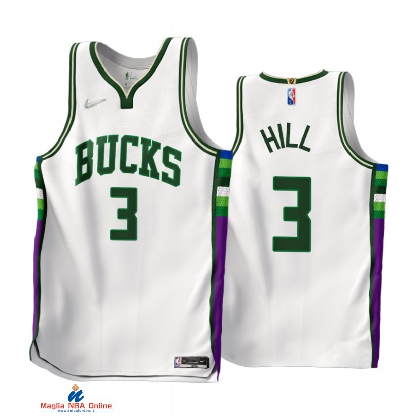 Maglia NBA Nike Milwaukee Bucks NO.3 George Hill 75th Bianco Città 2021-22