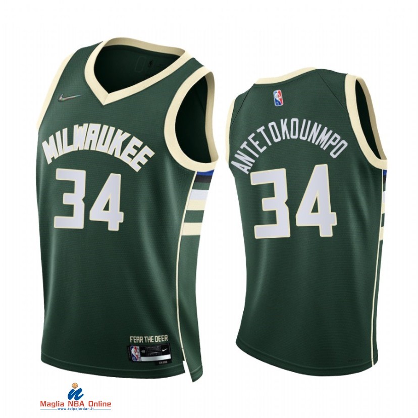 Maglia NBA Nike Milwaukee Bucks NO.34 Giannis Antetokounmpo 75th Season Diamante Verde Icon 2021-22