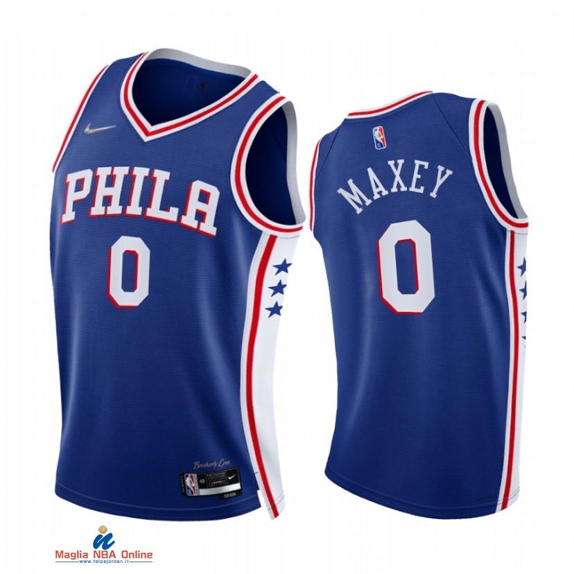 Maglia NBA Nike Philadelphia Sixers NO.0 Tyrese Maxey 75th Season Diamante Blu Icon 2021-22