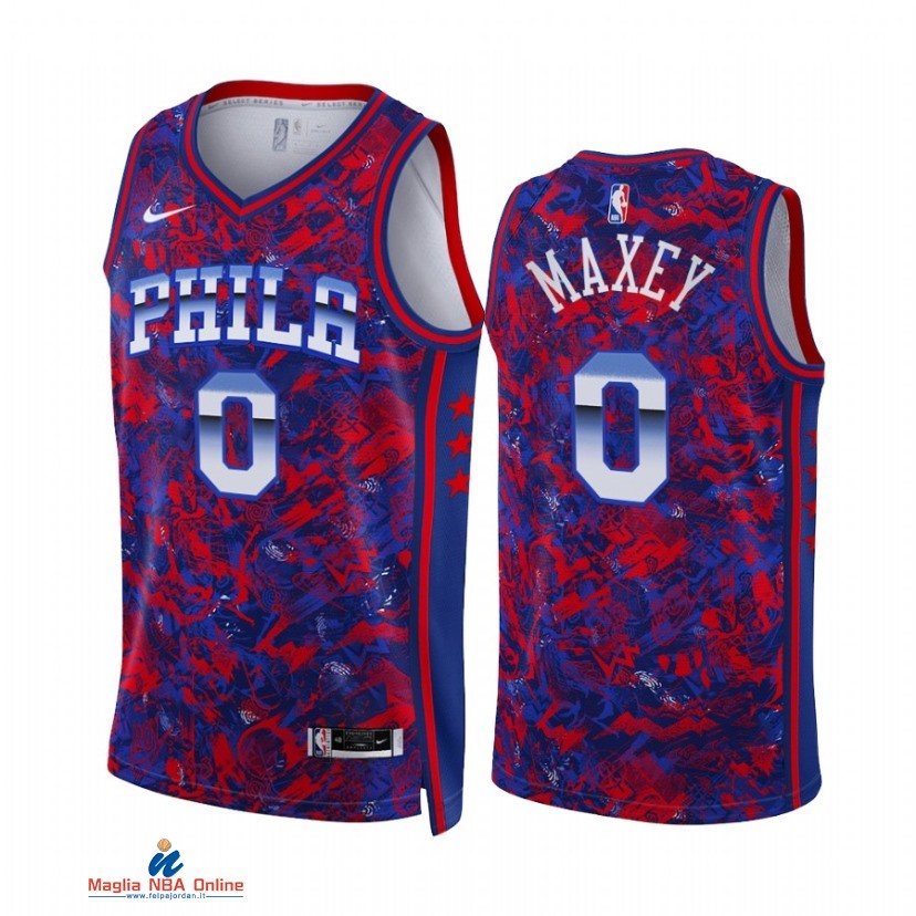 Maglia NBA Nike Philadelphia Sixers NO.0 Tyrese Maxey Select Series Rosso Blu 2021