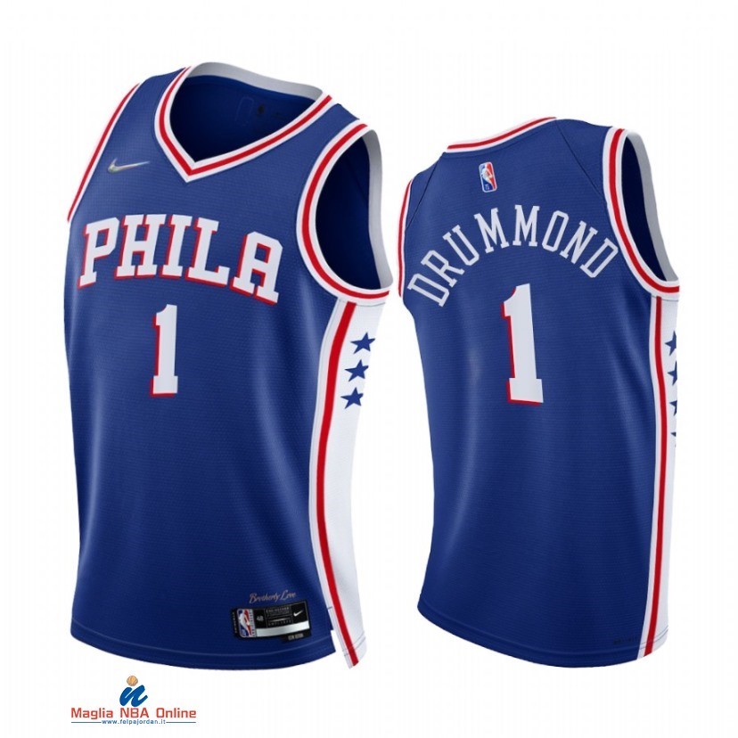 Maglia NBA Nike Philadelphia Sixers NO.1 Andre Drummond 75th Season Diamante Blu Icon 2021-22