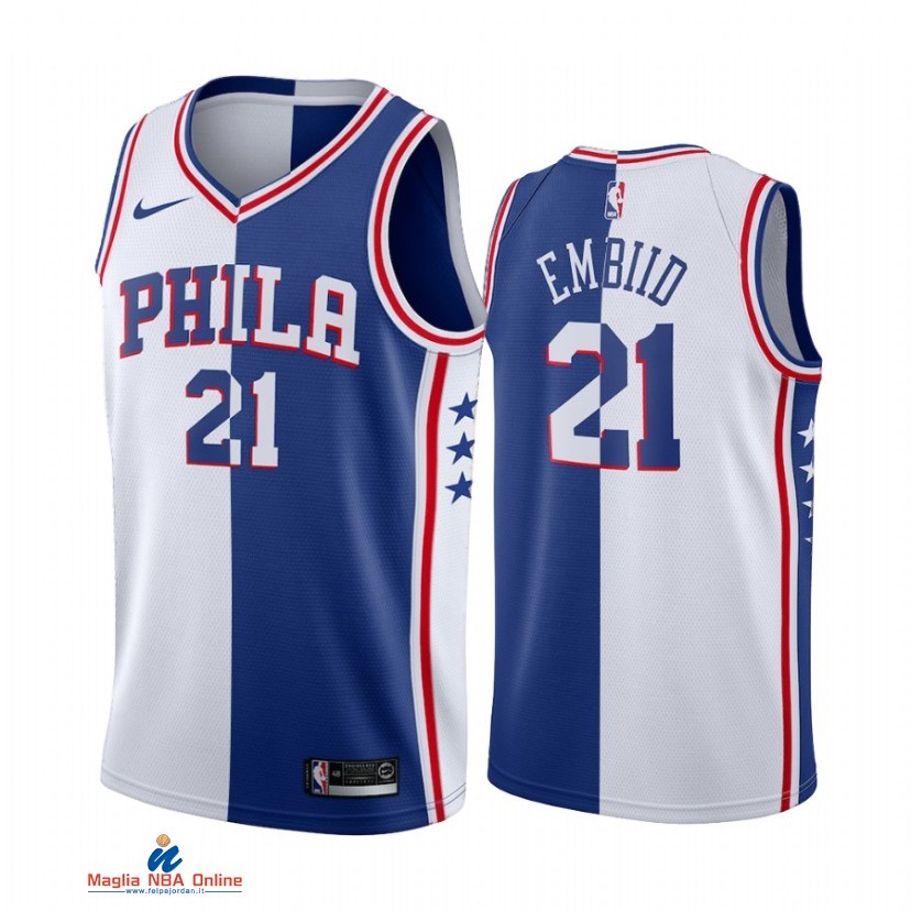 Maglia NBA Nike Philadelphia Sixers NO.21 Joel Embiid Bianco Blu Split Edition 2021-22