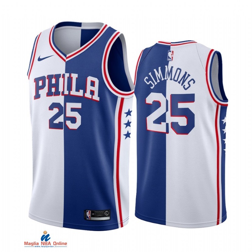 Maglia NBA Nike Philadelphia Sixers NO.25 Ben Simmons Bianco Blu Split Edition 2021-22