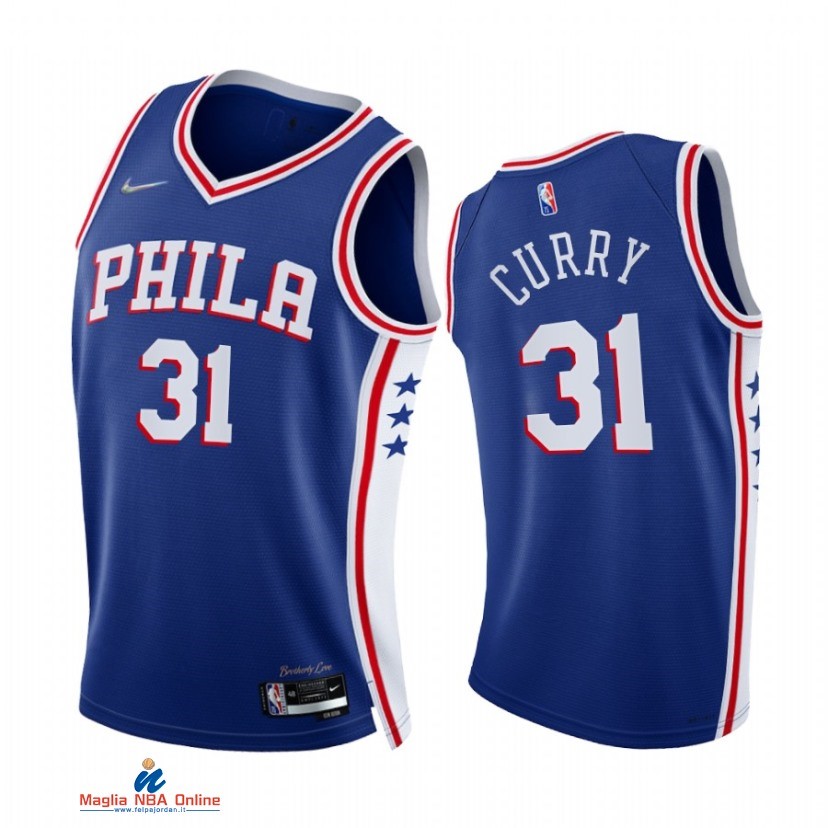 Maglia NBA Nike Philadelphia Sixers NO.31 Seth Curry 75th Season Diamante Blu Icon 2021-22