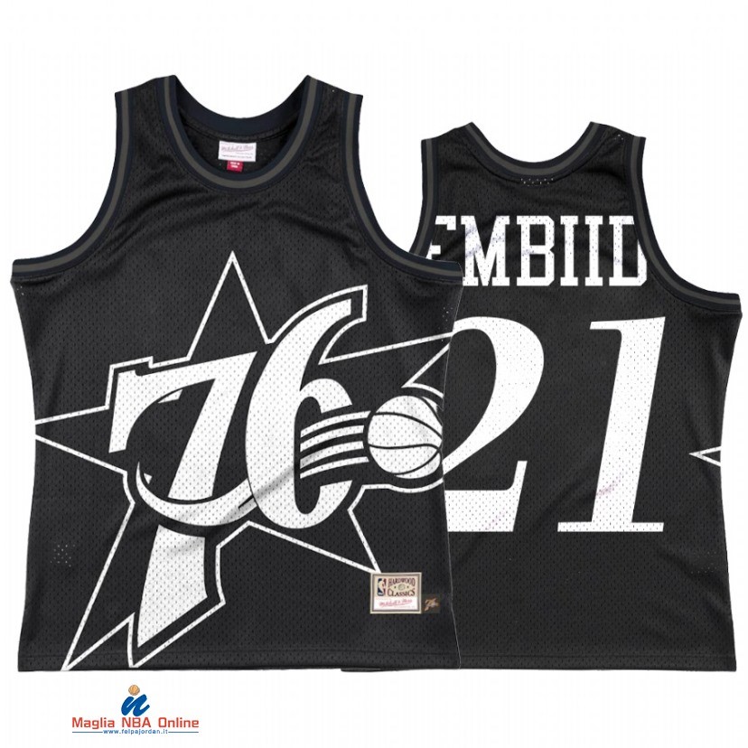 Maglia NBA Philadelphia Sixers NO.21 Joel Embiid Big Face 3.0 Nero Hardwood Classics