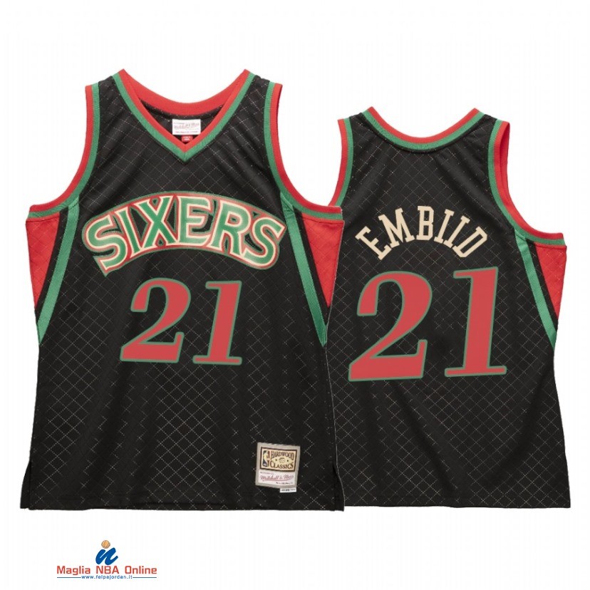 Maglia NBA Philadelphia Sixers NO.21 Joel Embiid Neapolitan Nero Hardwood Classics