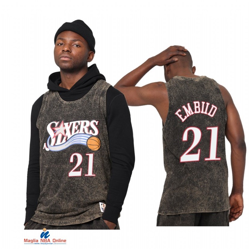 Maglia NBA Philadelphia Sixers NO.21 Joel Embiid Nero Hardwood Classics 2021-22