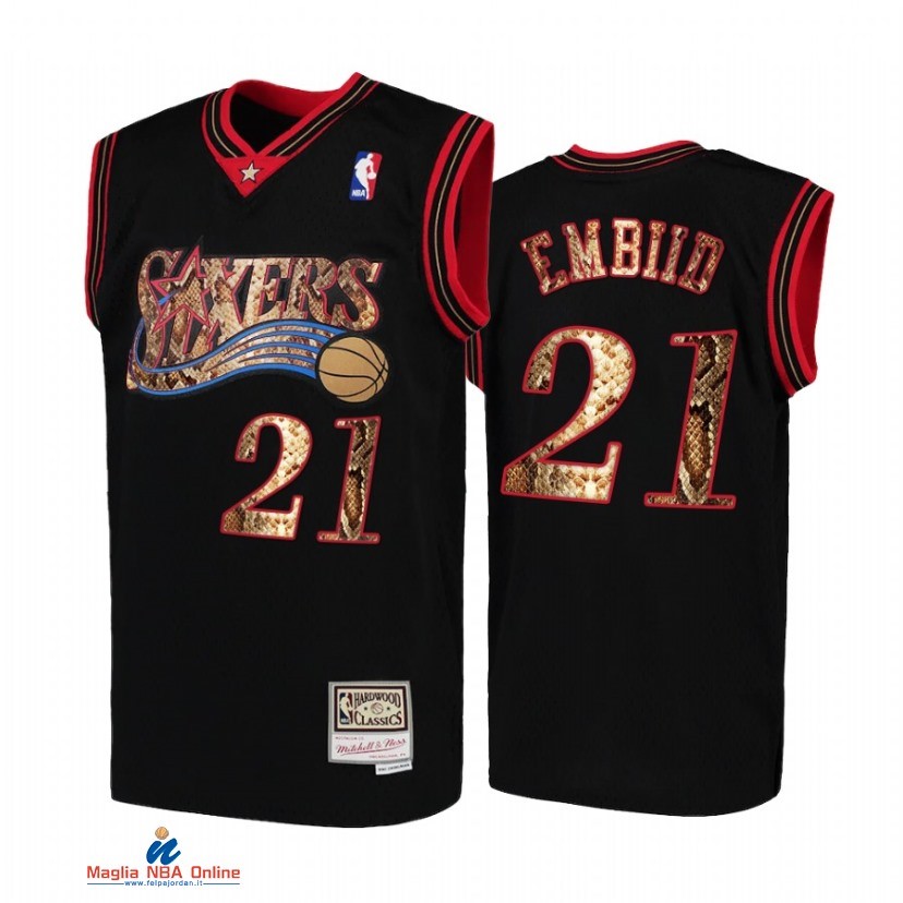 Maglia NBA Philadelphia Sixers NO.21 Joel Embiid Nero Hardwood Classics 2021