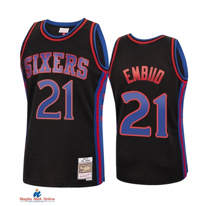 Maglia NBA Philadelphia Sixers NO.21 Joel Embiid Reload Nero Hardwood Classics