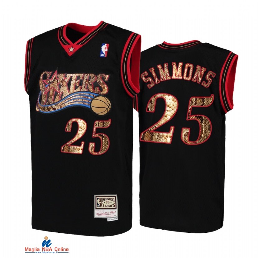 Maglia NBA Philadelphia Sixers NO.25 Ben Simmons Nero Hardwood Classics 2021