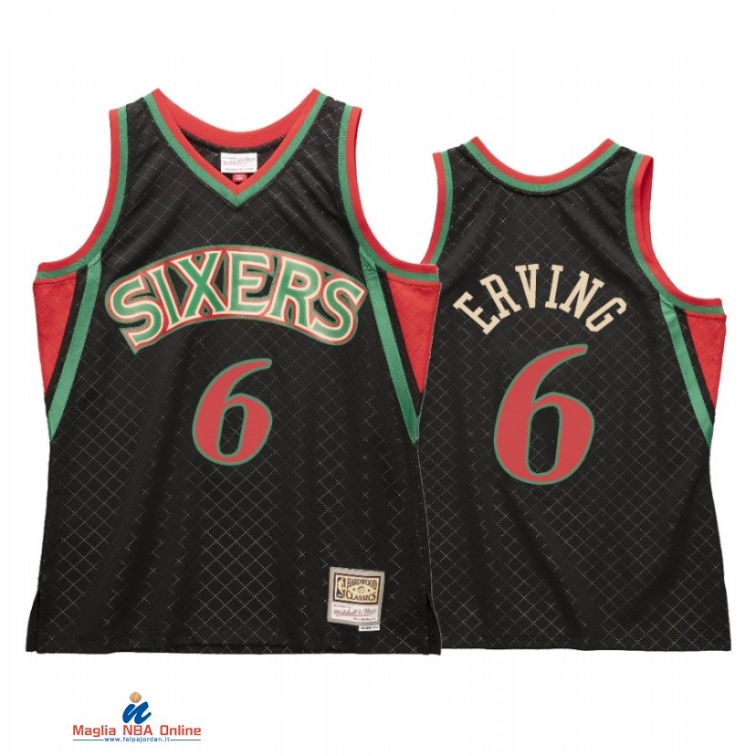 Maglia NBA Philadelphia Sixers NO.6 Julius Erving Neapolitan Nero Hardwood Classics