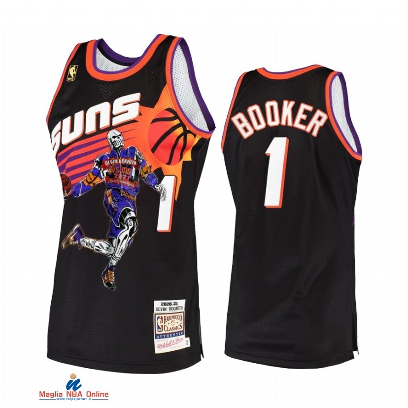 Maglia NBA Phoenix Suns NO.1 Devin Booker Nero Hardwood Classics 2021