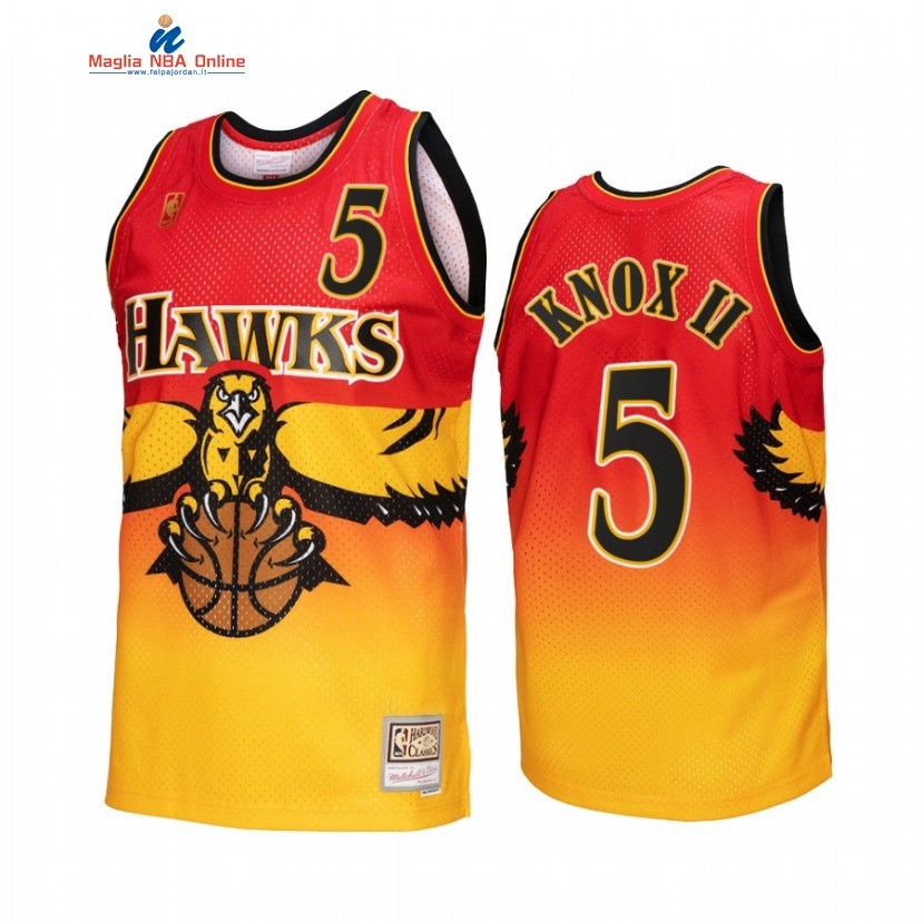 Maglia NBA Atlanta Hawks #5 Kevin Knox II Oro Rosso Hardwood Classics 2022-23 Acquista