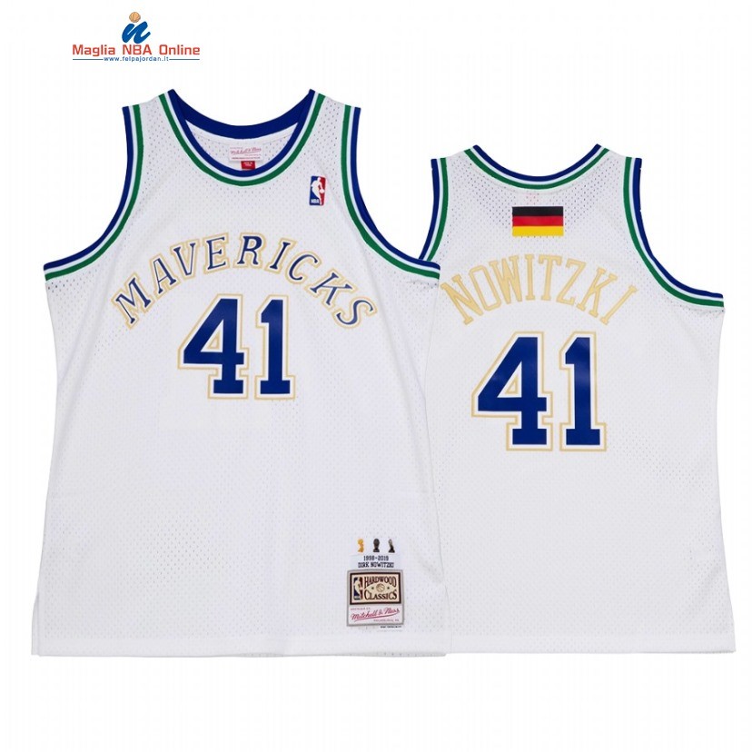 Maglia NBA Dallas Mavericks #41 Dirk Nowitzki Retirement Bianco Hardwood Classics Acquista