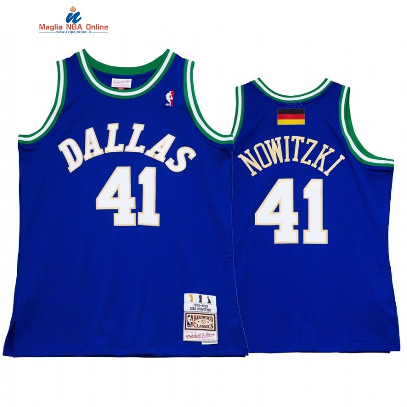 Maglia NBA Dallas Mavericks #41 Dirk Nowitzki Retirement Blu Hardwood Classics Acquista