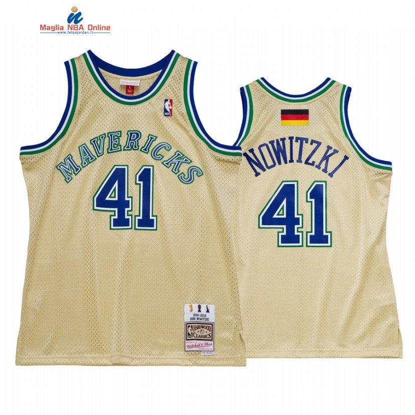 Maglia NBA Dallas Mavericks #41 Dirk Nowitzki Retirement Oro Hardwood Classics Acquista
