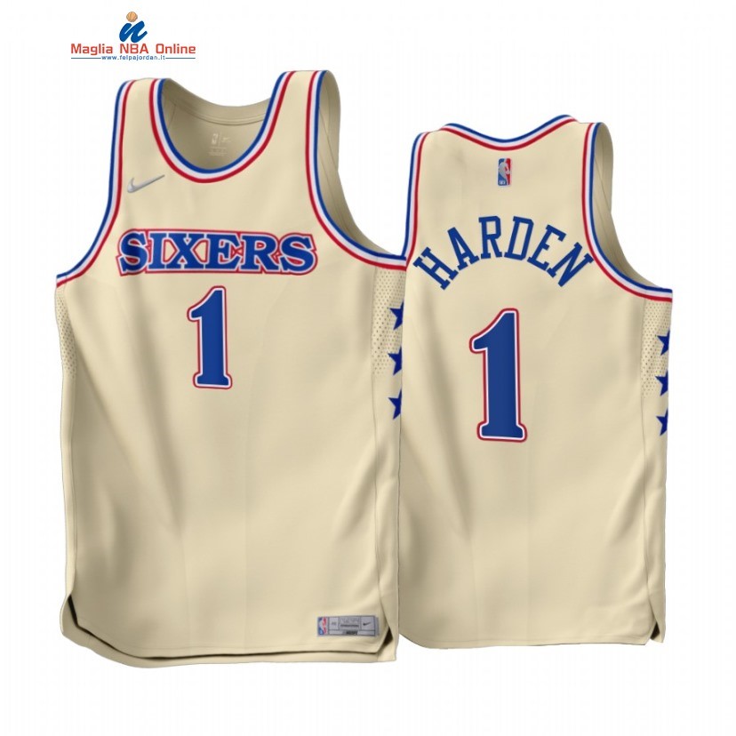 Maglia NBA Earned Edition Philadelphia 76ers #1 James Harden Crema 2022-23 Acquista