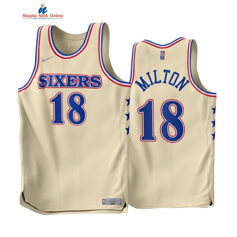 Maglia NBA Earned Edition Philadelphia 76ers #18 Shake Milton Crema 2022-23 Acquista