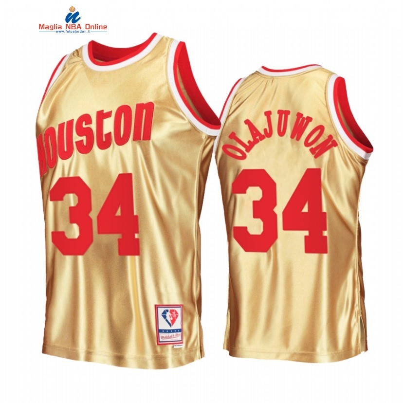 Maglia NBA Houston Rockets #34 Hakeem Olajuwon 75th Anniversario Oro Hardwood Classics 2022 Acquista