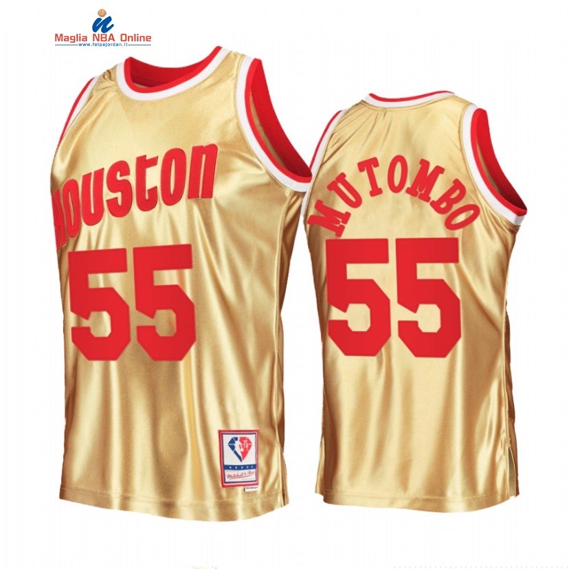 Maglia NBA Houston Rockets #55 Dikembe Mutombo 75th Anniversario Oro Hardwood Classics 2022 Acquista