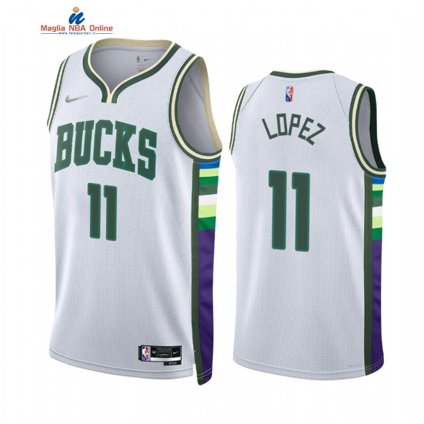 Maglia NBA Nike Milwaukee Bucks #11 Brook Lopez 75th Diamante Bianco Città 2021-22 Acquista