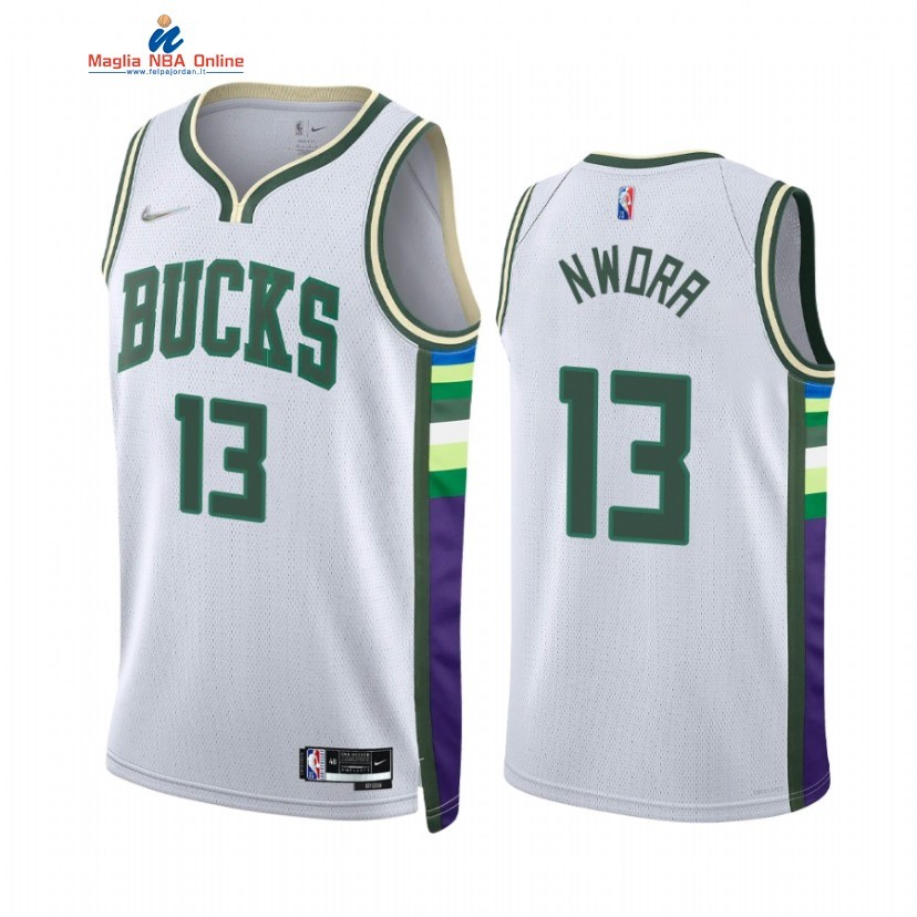 Maglia NBA Nike Milwaukee Bucks #13 Jordan Nwora 75th Diamante Bianco Città 2021-22 Acquista