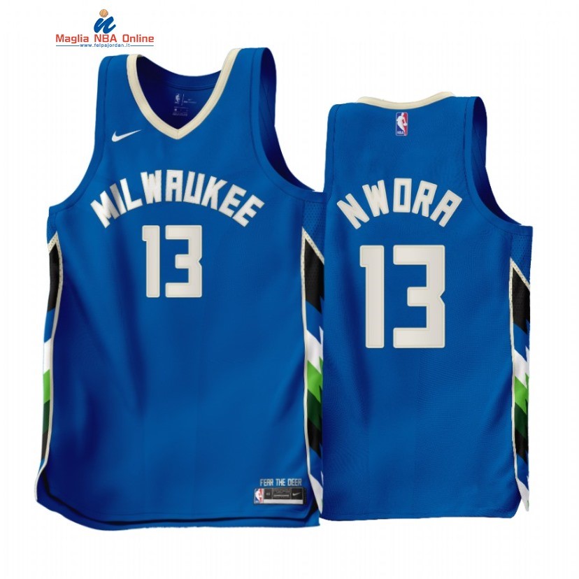 Maglia NBA Nike Milwaukee Bucks #13 Jordan Nwora Blu Città 2022-23 Acquista