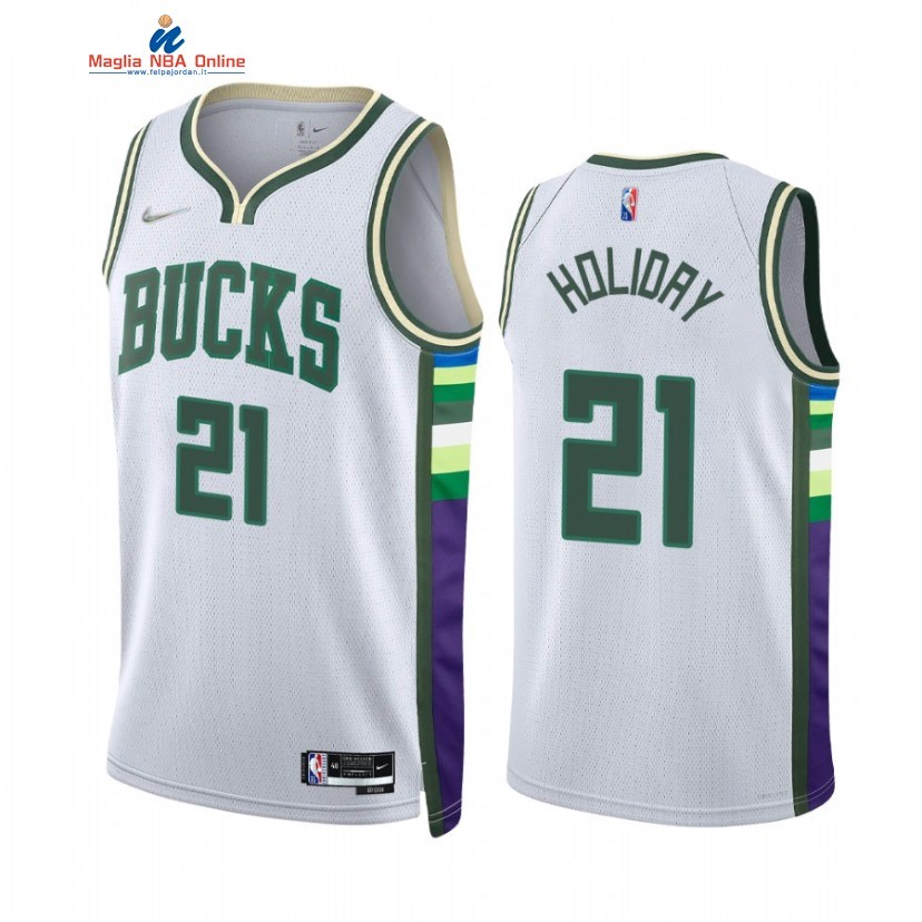 Maglia NBA Nike Milwaukee Bucks #21 Jrue Holiday 75th Diamante Bianco Città 2021-22 Acquista