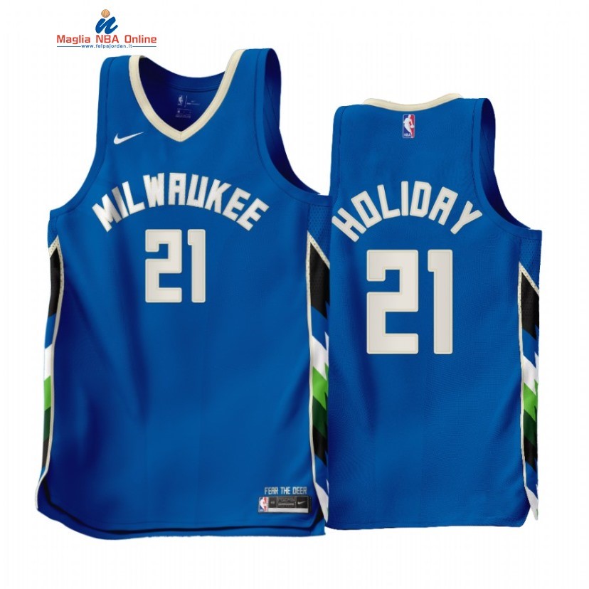 Maglia NBA Nike Milwaukee Bucks #21 Jrue Holiday Blu Città 2022-23 Acquista