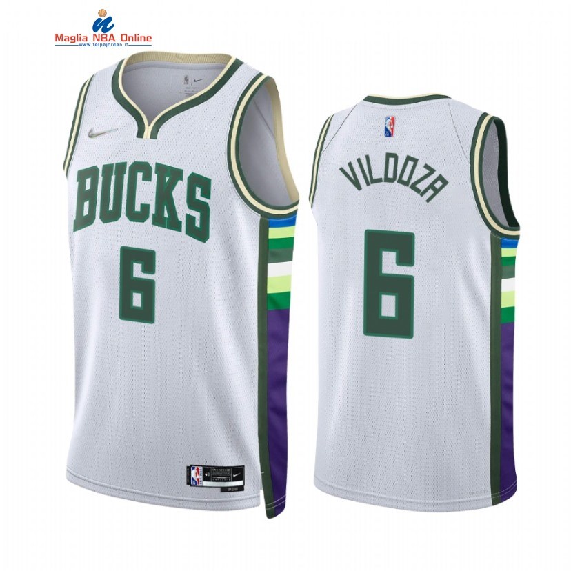 Maglia NBA Nike Milwaukee Bucks #6 Luca Vildoza 75th Diamante Bianco Città 2021-22 Acquista