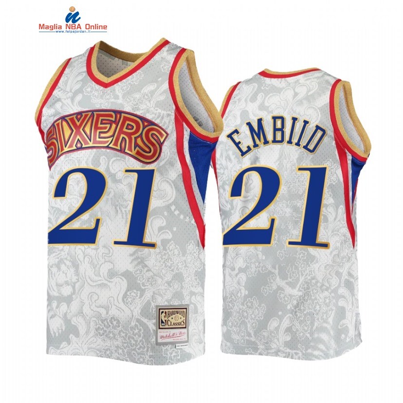 Maglia NBA Philadelphia Sixers #21 Joel Embiid Bianco Hardwood Classics 2022 Acquista