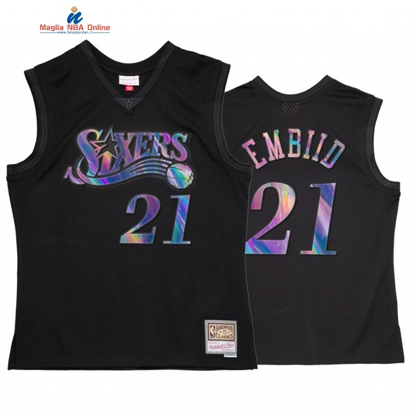 Maglia NBA Philadelphia Sixers #21 Joel Embiid Nero Hardwood Classics 2022 Acquista