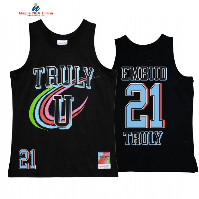 Maglia NBA Philadelphia Sixers #21 Joel Embiid X Mitchell Ness Nero Hardwood Classics Acquista