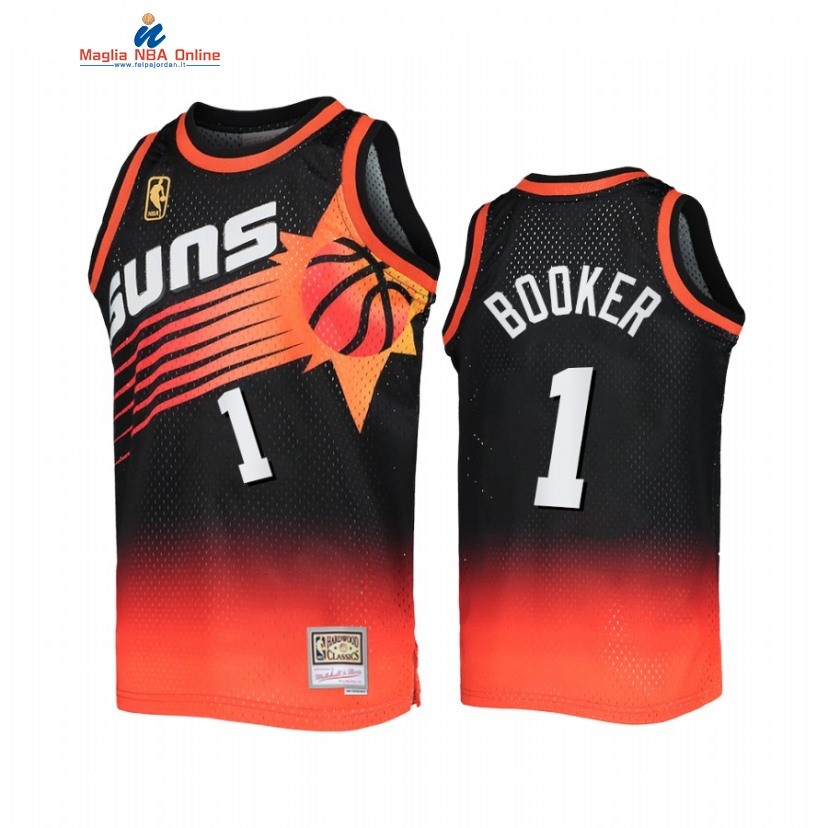 Maglia NBA Phoenix Suns #1 Devin Booker Nero Arancia Hardwood Classics 2022 Acquista