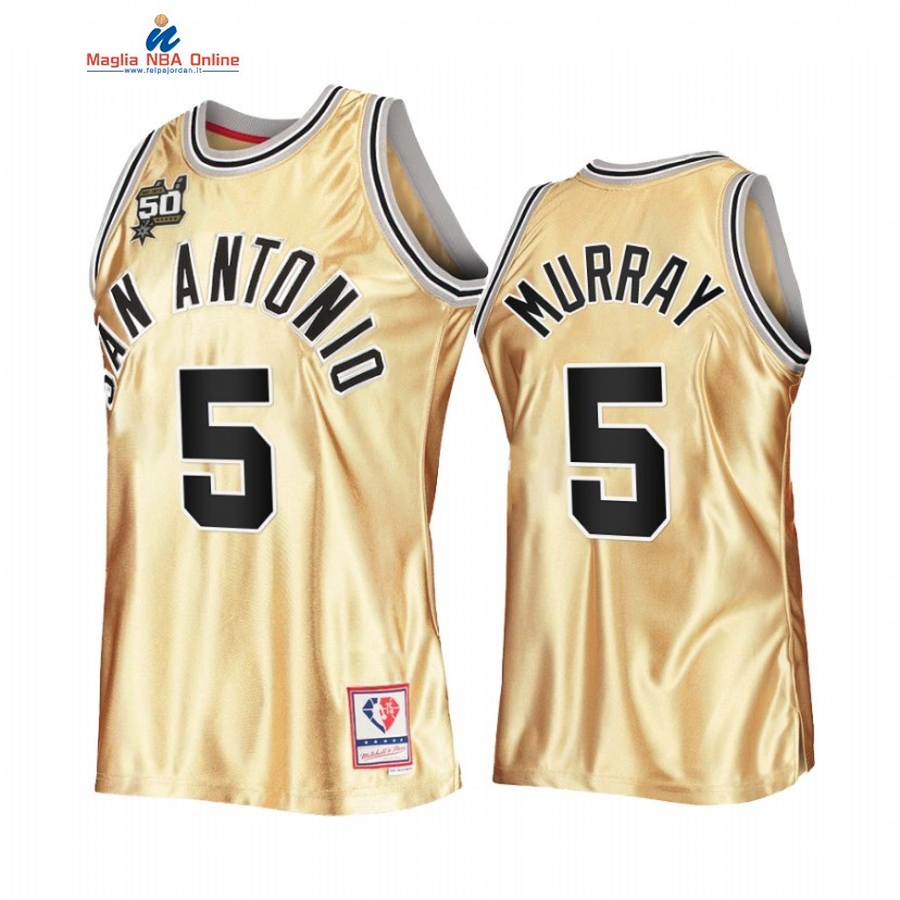 Maglia NBA San Antonio Spurs #5 Dejounte Murray 50th Anniversario Oro Hardwood Classics 2022-23 Acquista