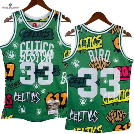 Acquista Maglia NBA Nike Boston Celtics #33 Larry Bird Slap Sticker Verde Hardwood Classics 1985-86