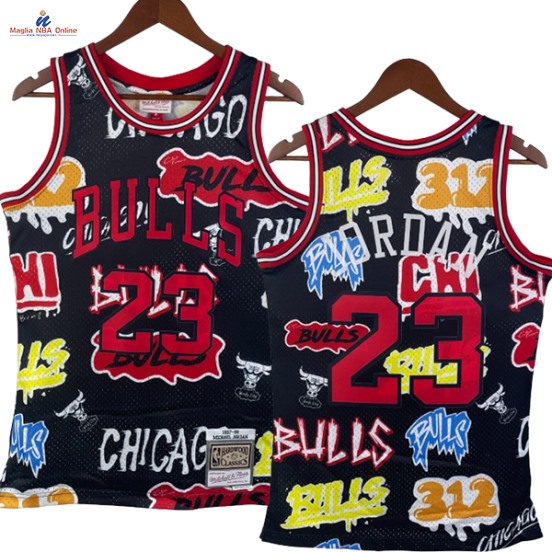 Acquista Maglia NBA Nike Chicago Bulls #23 Michael Jordan Slap Sticker Nero Hardwood Classics 1997-98