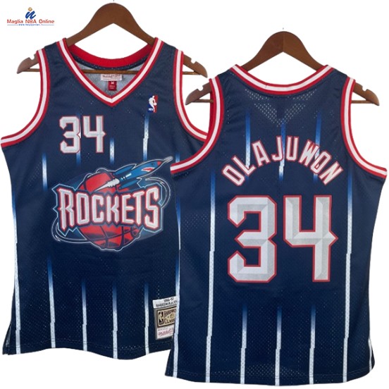 Acquista Maglia NBA Nike Houston Rockets #34 Hakeem Olajuwon Marino Blu Hardwood Classics 1996-97