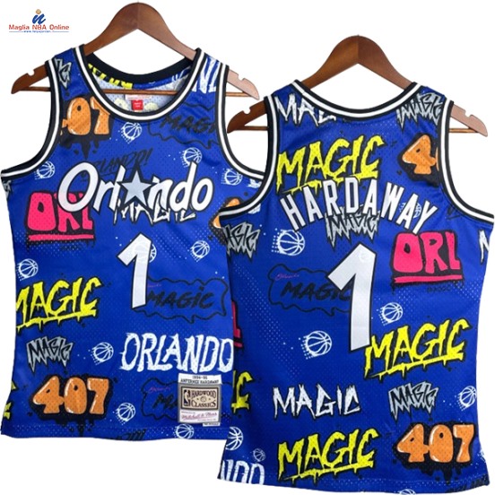 Acquista Maglia NBA Nike Orlando Magic #1 Anfernee Hardaway Slap Sticker Blu Hardwood Classics 1994-95