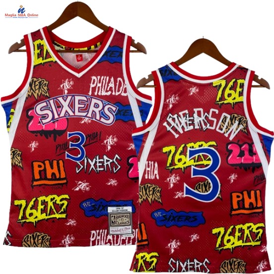 Acquista Maglia NBA Nike Philadelphia Sixers #3 Allen Iverson Slap Sticker Rosso Hardwood Classics 1996-97