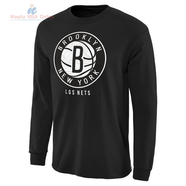 Acquista T-Shirt Brooklyn Nets Maniche Lunghe Nero